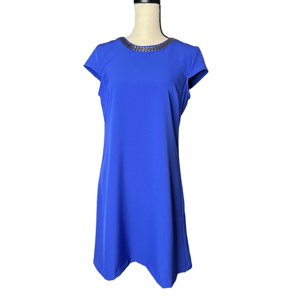 Jessica Simpson Shift Dress Size 6 in Blue with Cap Sleeves and Beaded Neckline - Picture 1 of 6